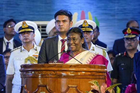 President of India, Droupadi Murmu, speaks at the launch of INS Vindhyagiri, a new warship for the Indian navy, in Kolkata, India, Thursday, Aug. 17, 2023. This P17A series warship, built by the Garde ...