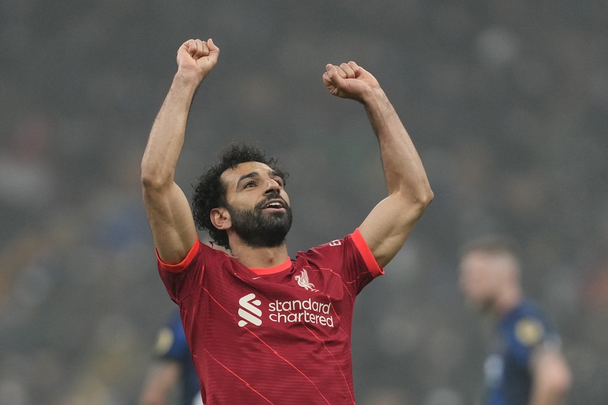 Liverpool&#039;s Mohamed Salah celebrates after scoring his side&#039;s second goal during the Champions League, round of 16, first leg soccer match between Inter Milan and Liverpool at the San Siro s ...
