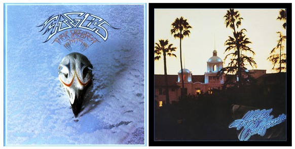 This combination photo shows cover images from the Eagles albums &quot;Their Greatest Hits 1971-1975,&quot; left, and &quot;Hotel California.&quot; The Recording Industry Association of America said M ...