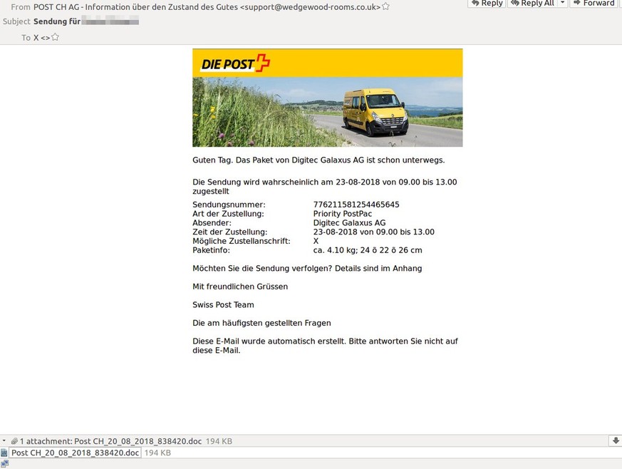 Nein, diese E-Mail stammt nicht von der Post. Wer die angehängte Word-Datei öffnet, fängt sich einen E-Banking-Trojaner ein.
