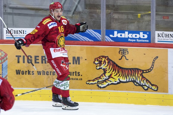 Tigers Erik Braennstroem jubelt, waehrend dem Meisterschaftsspiel der National League zwischen den SCL Tigers und dem HC Ambri-Piotta, am Freitag, 16. Oktober 2020, im Ilfisstadion in Langnau. (KEYSTO ...