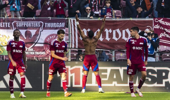 Dereck Kutesa (SFC), 2nd right, celebrates his goal behind his teammates Bradley Mazikou (SFC), left, Miroslav Stevanovic (SFC), 2nd left, and Alexis Antunes (SFC), right, after scoring the 1:0, durin ...