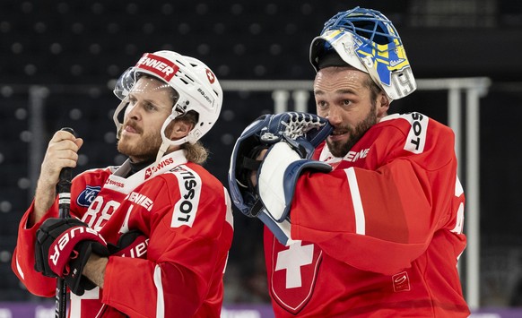 epa12512018 Goalkeeper Sandro Aeschlimann of Switzerland (right) and Christoph Bertschy at the end of the match between Sweden and Switzerland at the EHT ice hockey tournament in Tampere, Finland, 8 N ...