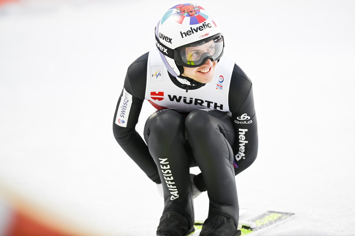 Simon Ammann of Switzerland during the men?s skijumping qualification, at the 2021 Nordic Skiing World Championships, in Oberstdorf, Germany, on Thursday, March 4, 2021.(KEYSTONE/Gian Ehrenzeller)