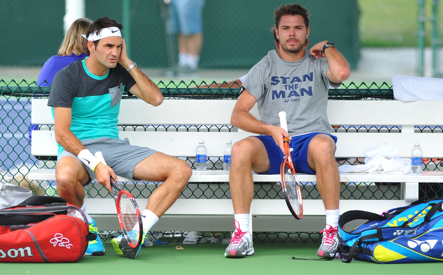 *** ARCHIV *** Roger Federer (Sui) et Stanislas Wawrinka , Indian Wells, 11.3.2015, Tennis BNP Paribas Open. (Antoine Couvercelle/Panoramic/EQ Images) SWITZERLAND ONLY