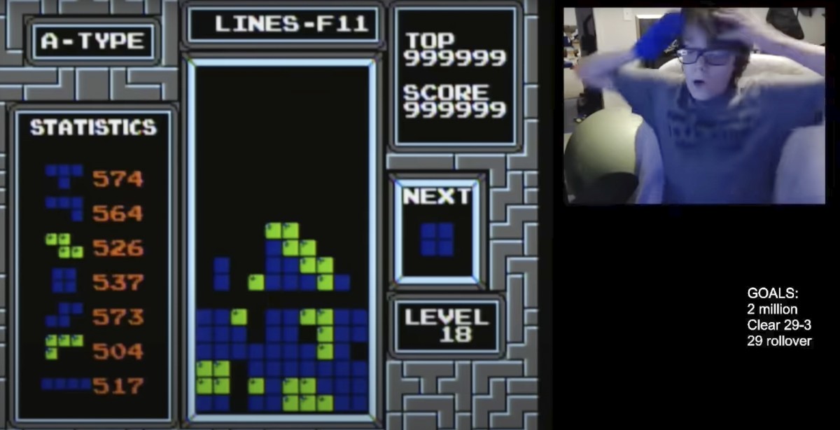 In this image taken from video, 13-year-old player named Willis Gibson reacts after playing a game of Tetris. Gibson, who in late December became the first player to officially ?beat? the original Nin ...