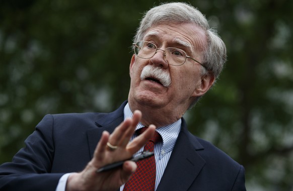 FILE - In this May 1, 2019 file photo, National security adviser John Bolton talks to reporters outside the White House in Washington. (AP Photo/Evan Vucci)
John Bolton
