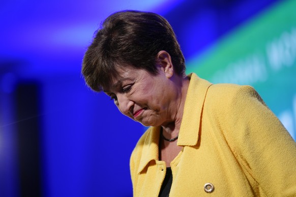 International Monetary Fund managing director Kristalina Georgieva walks off stage after speaking at the 2022 Annual Meetings of the International Monetary Fund and the World Bank Group, Monday, Oct.  ...
