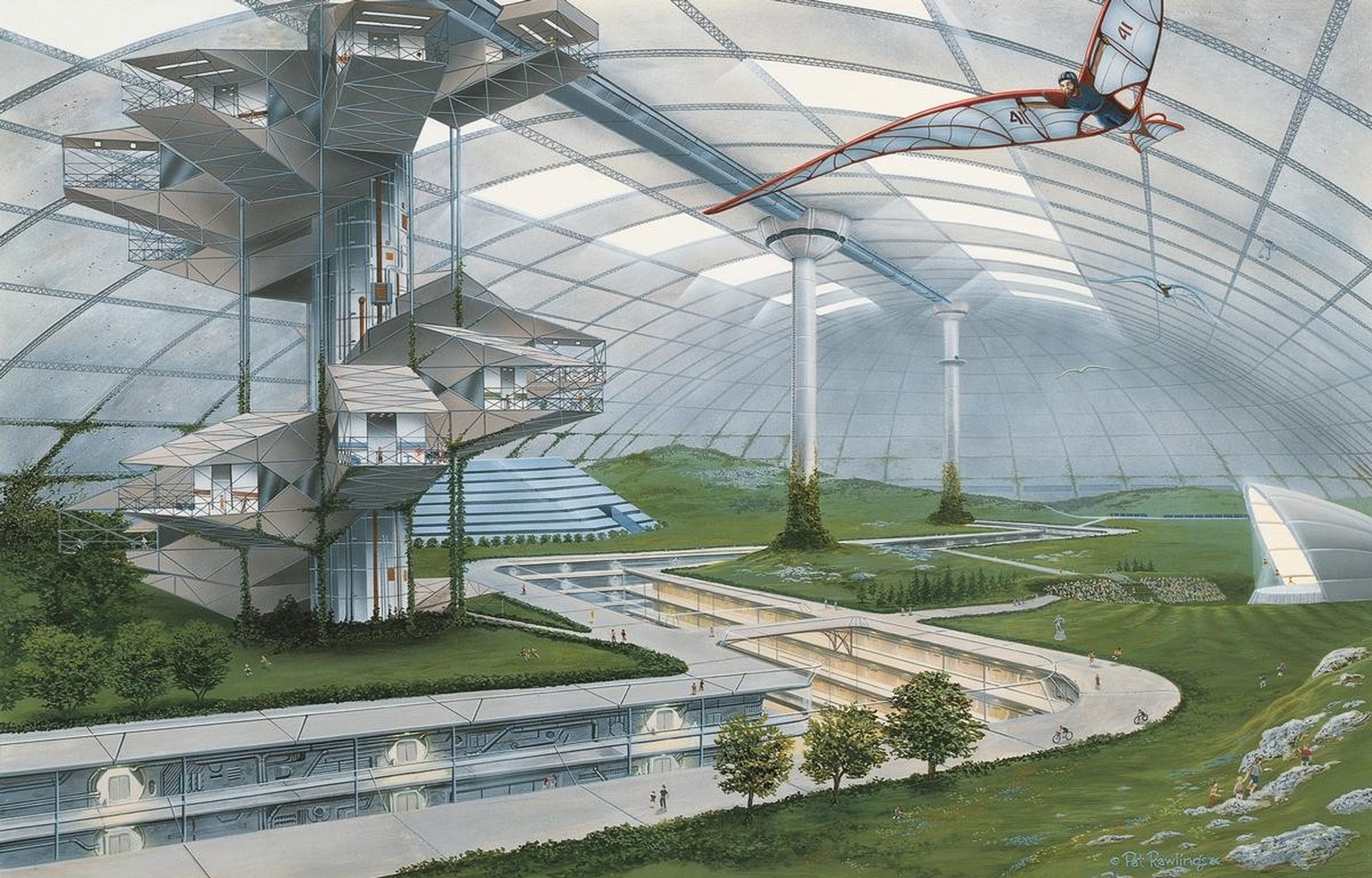 ' Moon Base Central Plaza ' . Pat Rawlings . 1986
Subsurface park . Apparently an 'open air' environment . Those guys are getting their lift from inflatable wings &amp; ballet danc ...