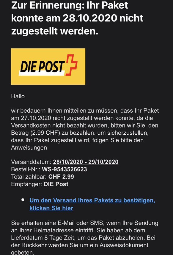 Solche E-Mails flattern seit Wochen vermehrt in Schweizer E-Mail-Postfächer.
