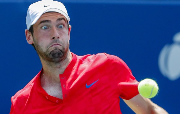 epa06111369 Quentin Halys of France in action against Gilles Muller of Luxembourg during a second round match at the BB&amp;T Atlanta Open tennis tournament at Atlantic Station in Atlanta, Georgia, US ...