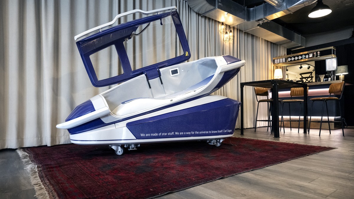 epa11483318 The death capsule 'Sarco' developed by Exit International is presented during a press conference at Resilient Studios in Zurich, Switzerland, 17 July 2024. The Last Resort euthan ...