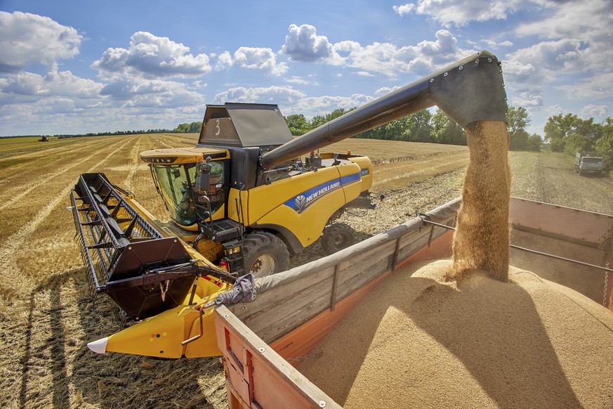 epa10098936 A combine harvester collects wheat in a field near the Kharkiv, Ukraine, 30 July 2022. Ukraine was ready to export Ukrainian grain and waiting for signals from partners about the start of  ...