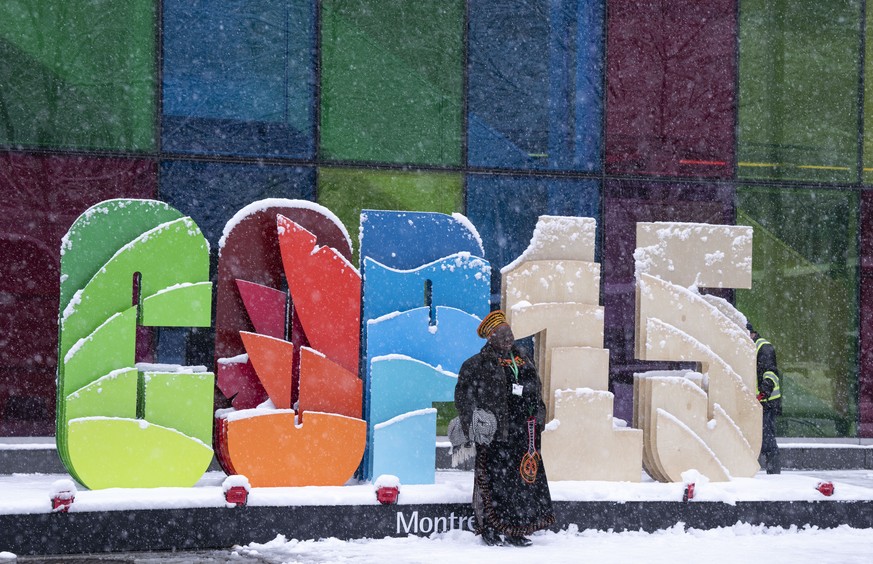 Delegates take souvenir photos during a snowfall outside the convention centre at the COP15 UN conference on biodiversity in Montreal, Friday, Dec. 16, 2022. (Paul Chiasson /The Canadian Press via AP)