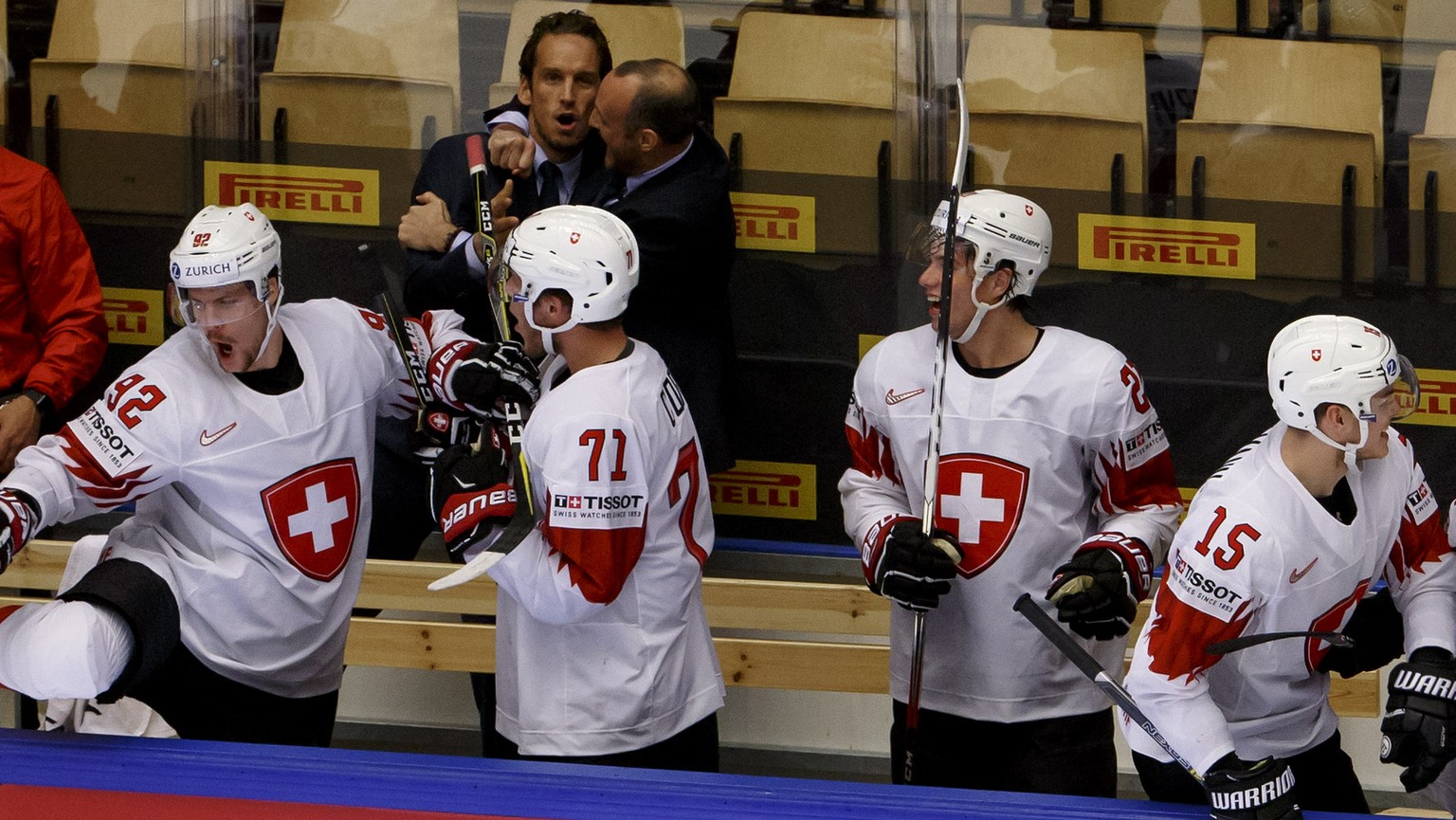 Switzerland&#039;s players celebrate their victory after beating Finland, during the IIHF 2018 World Championship quarter final game between Finland and Switzerland, at the Jyske Bank Boxen, in Hernin ...